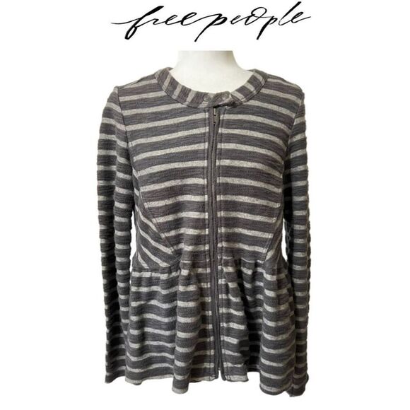 FREE PEOPLE Gray striped peplum sweater jacket Size Small zip up cotton blend - Picture 1 of 11